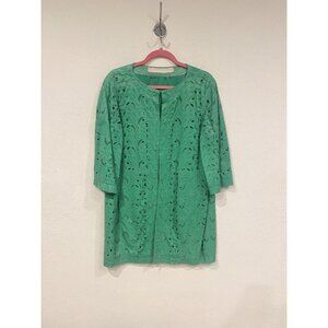 DRÔME Jacket Womens Large Green Aloe Laser Cut Leather Open Front Italy Boho